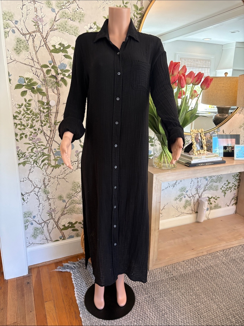 Long Black Button-Front Maxi Shirt Dress